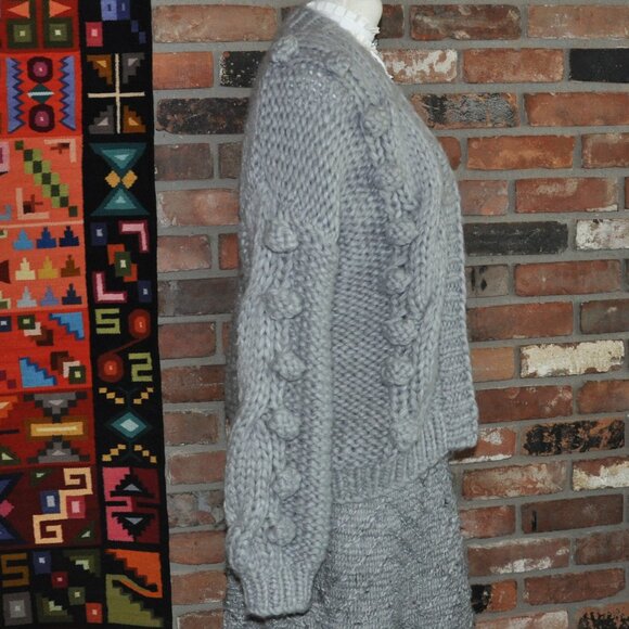 Goodnight Macaroon Grey Open Sweater Pom Pom Chunky Knit Cardigan Wool Blend OS - Picture 2 of 5